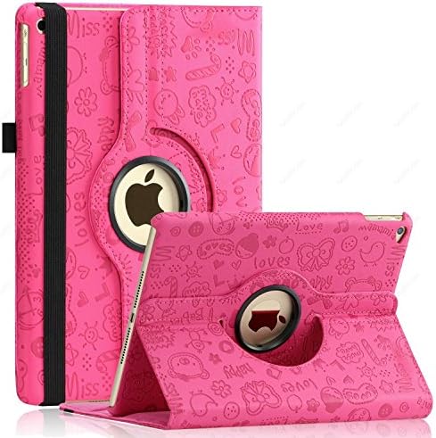 iPad Air Case (Released 2013), SAWE - PU Leather Case with 360 Degrees Rotating Swivel Stand Folio Case Smart Cover for New Apple iPad Air 1 (iPad 5) Gen with Sleep / Wake Up Feature WiFi &amp; 4G LTE (Hot Pink Cute)
