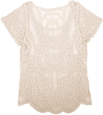 Cnlinkco Womens Lace Crochet Short Sleeve Embroidery Floral Blouse