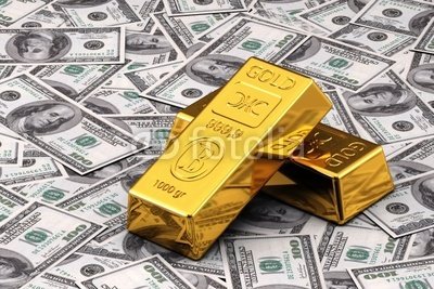 Wallmonkeys Peel and Stick Wall Decals - Two Gold Bullions on Hundred Dollar Bills - 36"W x 24"H Removable Graphic