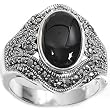 Sterling Silver Marcasite Rings with Black Onyx CZ - Sizes: 6-10