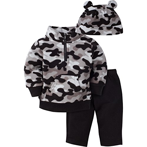 Gerber Boys' 3 Piece Micro Fleece Top Cap and Pant Set, Black Camo, 12 Months