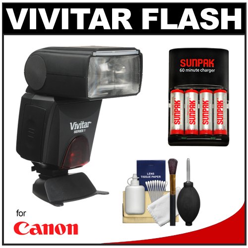 Vivitar Series 1 DF-483 Power Zoom AF Flash for Canon EOS E-TTL Digital SLR Cameras with Batteries/Charger + Cleaning Kit