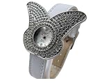Original Damen Omax Uhr, Elegantes Design, mit über 120 Strasssteinen, weisses Lederarmband