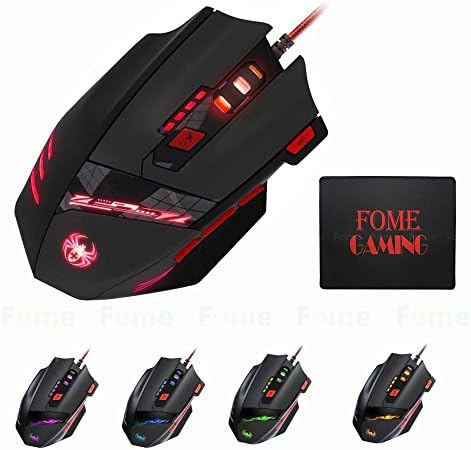 USB Wired Gaming Mouse,FOME GAMING T90 USB Wired Gaming Mouse 1000/1600/2400/3200/5500/9200DPI 8 Buttons With 7 kind modes of LED Colorful Breathing Light Weight Tuning Set Black+FOME GAMING Mouse Pad