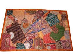 New Designer Home Decor- Orange Beaded Vintage Sari Wall Hanging Tapestry 60"x40"