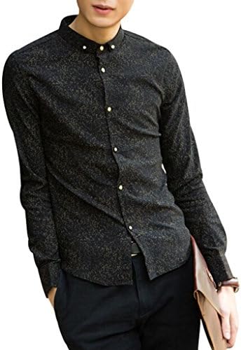 VENTELAN Men's Long Sleeve Floral Casual Personalized Korean Stand Collar Shirt