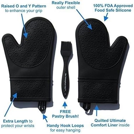 Super Flex Silicone Oven Mitt, Deluxe Quilted Liner, 1 Pair, Black, Bonus Sauce (width: 5.30 length: 11.60 depth: 1.30)