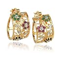 Yellow Gold Overlay Sterling Silver Sapphire, Ruby & Emerald Flower Hoop Earrings w/ Diamond Accent