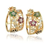 Yellow Gold Overlay Sterling Silver Sapphire, Ruby and Emerald Flower Hoop Earrings w/ Diamond Accent