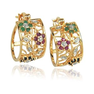 Buy Yellow Gold Overlay Sterling Silver Sapphire, Ruby and Emerald Flower Hoop Earrings w  Diamond... by Amazon.com Collection