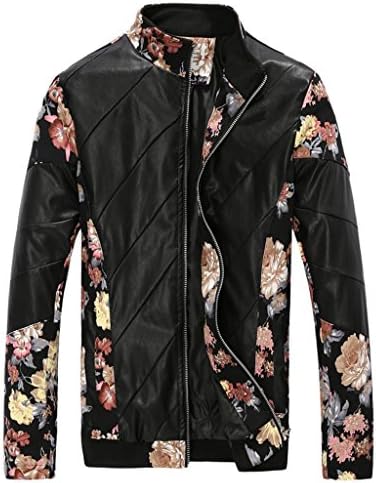 Yiano Men's Floral Print Faux Leather Slim Fit Jacket Black Red Large