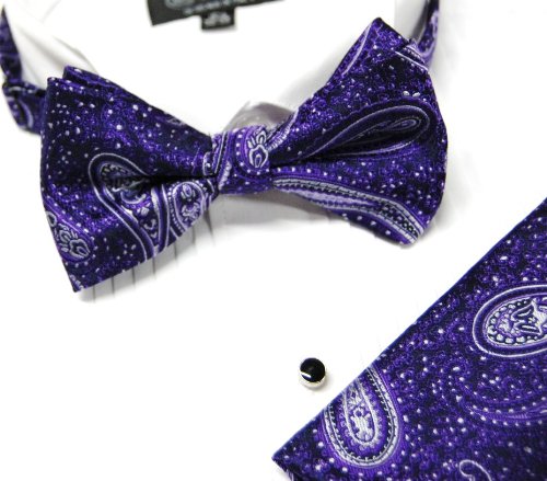 Paul Malone Bow Tie and Pocket Square, Pretied, Purple Paisley