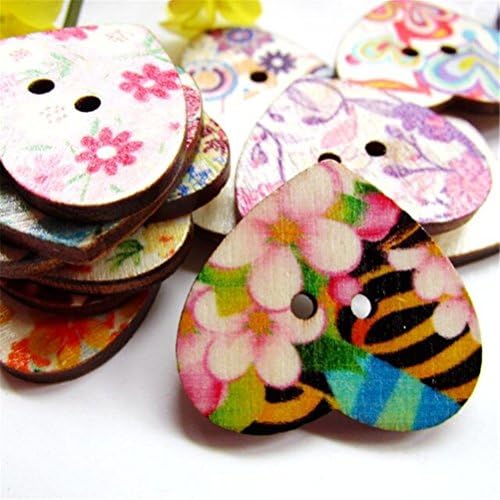 Meritina Blending Colorful Printed Heart Wooden Buttons DIY Clothing Decoration Accessories for Art Craft Sewing Scrapbooking (25pcs)