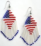 United States American Flag Patriotic Czech Glass Beads Beaded Chandelier Dangle Earrings - Red , White & Blue