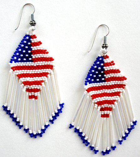 United States American Flag Patriotic Czech Glass Beads Beaded Chandelier Dangle Earrings – Red , White & Blue