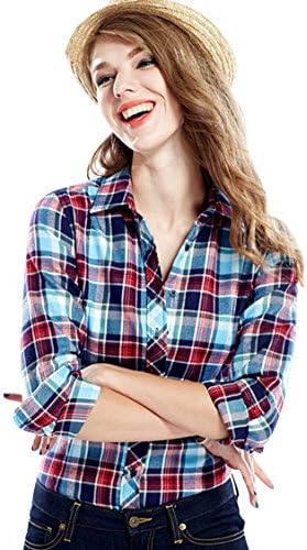 Worronland Blue Plaid Check Grid Long Sleeve Button Shirts Blouse For Women XL