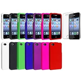7 IN 1 Accessory Bundle Hard Rubberized Snap On Cover Case (Pink / White / Black / Purple / Green / Blue / Red) compatible with Apple� iPhone� 4 / 4S and Screen Film