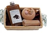 Wellness Geschenkset 5 tlg. Schokoladen Duschbad und Shampoo, Badekugel, gerollte Duftseife, Seiftuch 30x30 braun im Bambuskorb