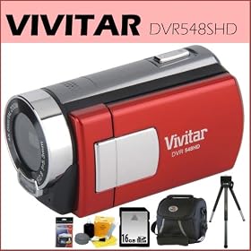 Vivitar DVR548SHD-RH 5.1 MP HD 4X Digital Camcorder w/ 2 Screen Red + 16GB SD Memory Card + Zeikos Camcorder Bag + Accessory Kit