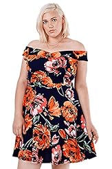 Plus Size Fit-and-Flare Floral Print Off the Shoulder Sleeveless Rayon/Spandex Party Dress 