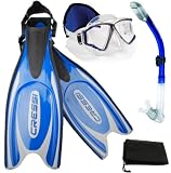 Snorkeling Scuba Dive Mask Dry Snorkel Fins Gear Bag Set, (Made by Cressi)