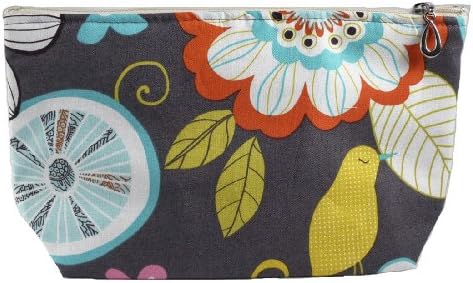 Dana Herbert Lily Medium Lined Cotton Cosmetic Bag Charcoal Gray with Floral Print