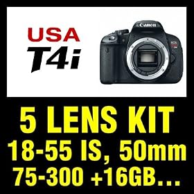 Canon EOS Rebel T4i Digital SLR Camera Body with 5 Lens Kit: Canon EF-S 18-55mm f/3.5-5.6 IS + Tamron AF 75-300mm f/4-5.6 D E Macro & EF 50mm f/1.8 II Lens + Backpack + 3 pcs Filter Kit + 16 GB & Deluxe Accessory Bundle