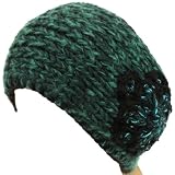 Adjustable Handmade Shimmer Flower Knit Headwrap Headband Teal with Black