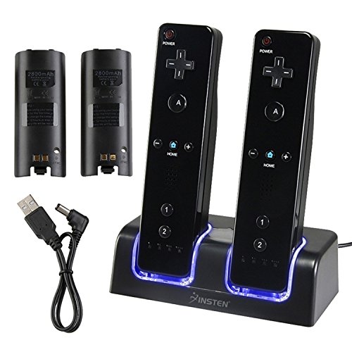 Insten Dual Charging Station w/ 2 Rechargeable Batteries & LED Light for Wii Remote Control, Black - (Original Wii Controllers Not Included) Retail Packaging