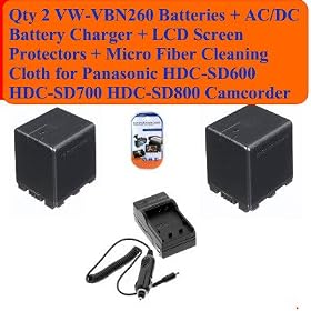 Deluxe Package Includes- Qty 2 Vw-vbn260 Replacement Batteries + Ac/dc Battery Charger + LCD Screen Protectors + Micro Fiber Cleaning Cloth for Panasonic Hdc-sd600 Hdc-sd700 Hdc-sd800 Camcorder