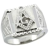 Sterling Silver Men's Masonic Ring w/ CZ Stones & Frosted Side Accents, 5/8 in. (16mm) wide, size 12