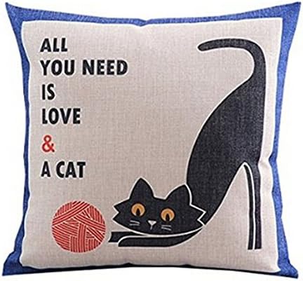 Goy Cotton Linen Square Decorative Throw Pillow Case Cushion Cover Creative Cartoon Black Playing Cat 18"