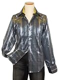 Apricottree Metallic Silver Grey With Gold Embroidery/Gold Ornaments/Rhine Stones Long Sleeves Cotton Shirt