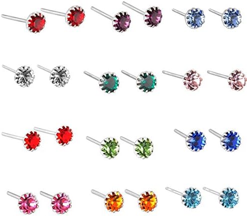 Kinodo 925 Sterling Silver Cubic Zirconia Birthstone Stud Earrings 72 pairs Mixed Colors(January - December)