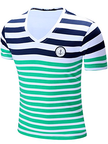 Neleus Men's Striped Cotton V-Neck Tee Shirt,600# Green & White,Medium,Tag L
