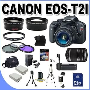 Canon EOS Rebel T2i 18 MP CMOS APS-C Digital SLR Camera with 3.0-Inch LCD and EF-S 18-55mm f/3.5-5.6 IS Lens & Canon 55-250IS II Lens + 58mm 2x Telephoto lens + 58mm Wide Angle Lens (4 Lens Kit!!!!!!) W/32GB SDHC Memory + Battery Grip + 2 Extra Batteries + Charger + 3 Piece Filter Kit + UV Filter + Full Size Tripod + Case +Accessory Kit