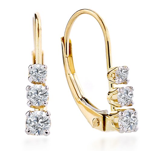 14k Yellow Gold, Round, 3-Stone Lever Back Drop Earrings (1/2 cttw, H-I Color, I1-I2 Clarity)