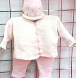 Hand Knitted Crochet Finished Natural Chenille Pink Stripe Cardigan Pant Hat Set Trimmed with Pink Buttons