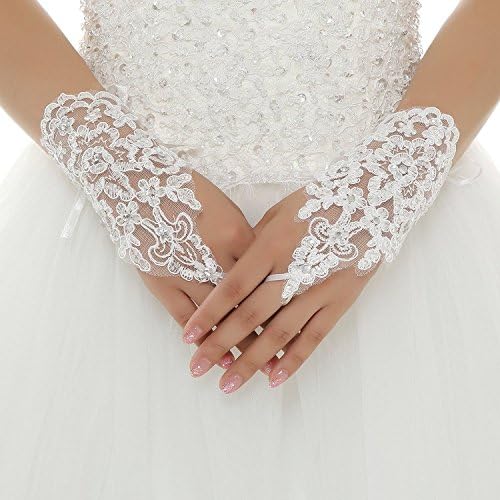 ShangYou Women's Bridal Short Lace Rhinestones Fingerless Wedding Bride Gloves White
