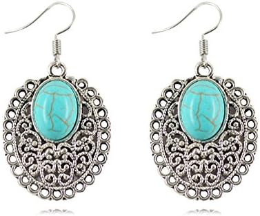 VCreations Turquoise Dangle Earrings Tibetan Silver Fashion Jewelries - Antique Oval