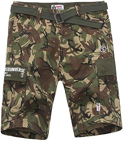Amsb Men's Fashion Big-Tall Loose Fit Camo Printed Belted Cargo Twill Shorts Size 38 Khaki