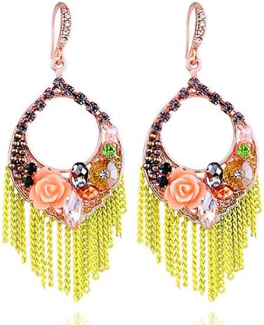 Les Fleurs Romantic Retro Tassels Rose Flower Bohemian Style Crystals Earrings (6984)