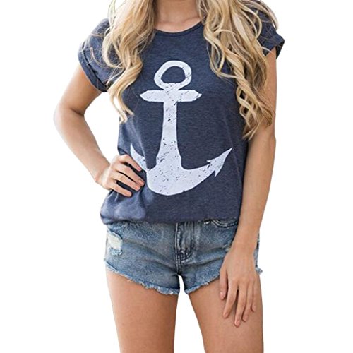 RAYWIND Women Navy Anchor Print Short Sleeve Blouse Casual T-shirt Tops