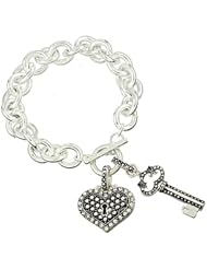 Silver Plated Designer Inspired Clear Crystal Embellished Key to My Heart Bracelet with Key and Heart Shaped Padlock Charms