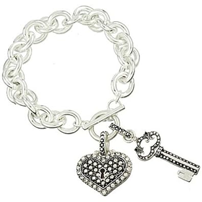 Cheap Girls Jewelry Silver Plated Designer Inspired Clear Crystal Embellished Key to My Heart Bracelet with Key and Heart Shaped Padlock Charms For Sale Cheap Girls Jewelry Silver Plated Designer Inspired Clear Crystal Embellished Key to My Heart Bracelet with Key and Heart Shaped Padlock Charms For Sale