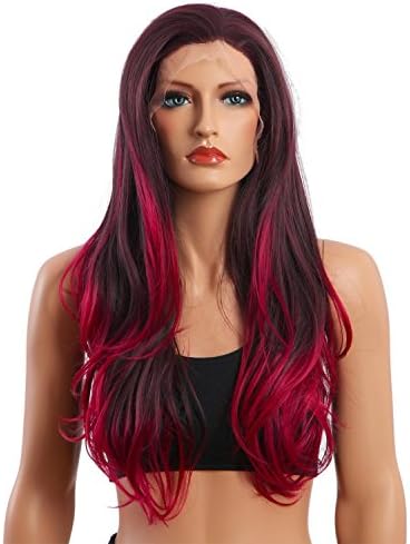 Nface 24inch Heat Resistant Synthetic Fiber Long Free Part Natural Straight With Curly Ends Women's Ombre Front Lace Wigs /hair (Dark Brown/Burgundy 4/BURG2)