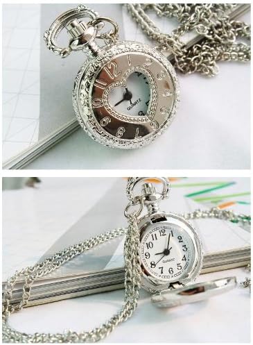 Fashion Heart-shaped digital Silver Pocket Watch Chain Necklace Alloy watches WPH@TGZ142940A
