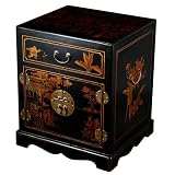 Handmade Oriental Furniture - 24" Antique Style Black Leather Mandarin End Table / Nightstand