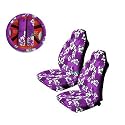 A Set of 5 Pc. Universal-fit Hawaiian Hibiscus Floral Print Front Bucket Seat Cover, Steering Wheel Cover and Shoulder Harness Pressure Relief Cover - Purple