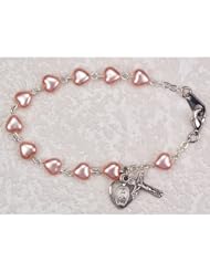 First Holy Communion Childrens Girls Rosary Bracelet 6 1/2" 6x6mm Pink Pearl Heart Beads with Sterling Silver Cross & Miraculous Medals.